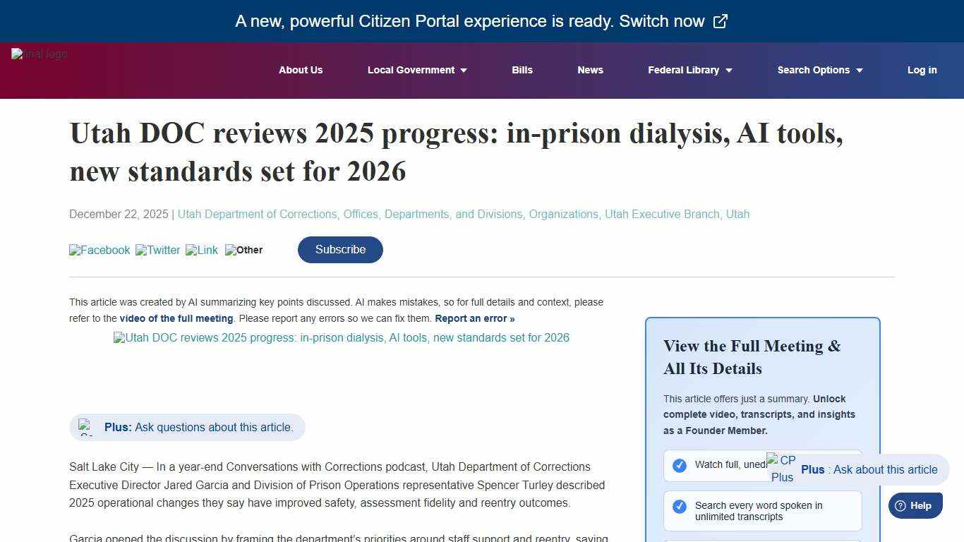 CitizenPortal.ai - Utah DOC reviews 2025 progress: in‑prison dialysis, AI tools, new standards set for 2026